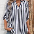 Ladies' Color Block Striped Shirt With Notched Collar And Rolled Up Sleeves