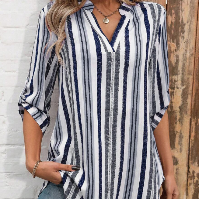 Ladies' Color Block Striped Shirt With Notched Collar And Rolled Up Sleeves