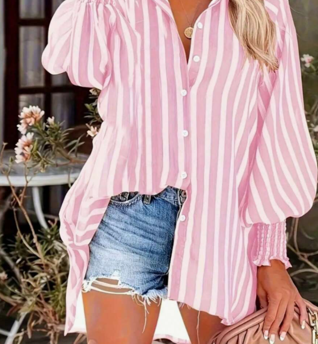 Fashion Me Striped Pattern Cuff Dolman Sleeve Shirt Collar Lapel Loose Fit Lightweight Casual Shirt, Pink, Minimalist Versatile Daily Wear